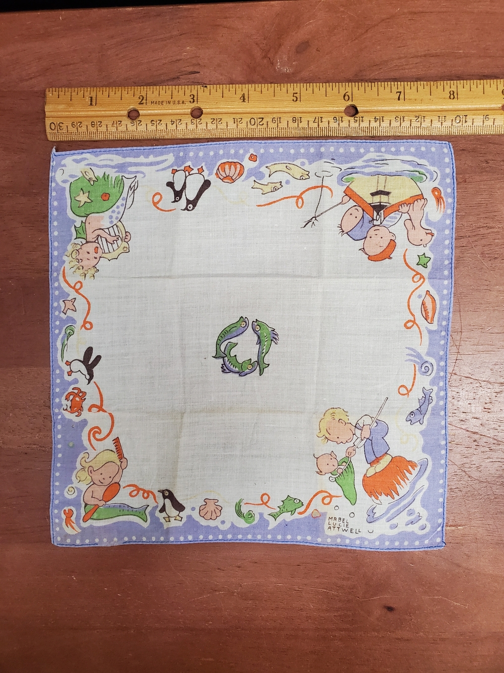 Vintage Illustrated Children's Handkerchief - Sea Life Print, Lavender Border